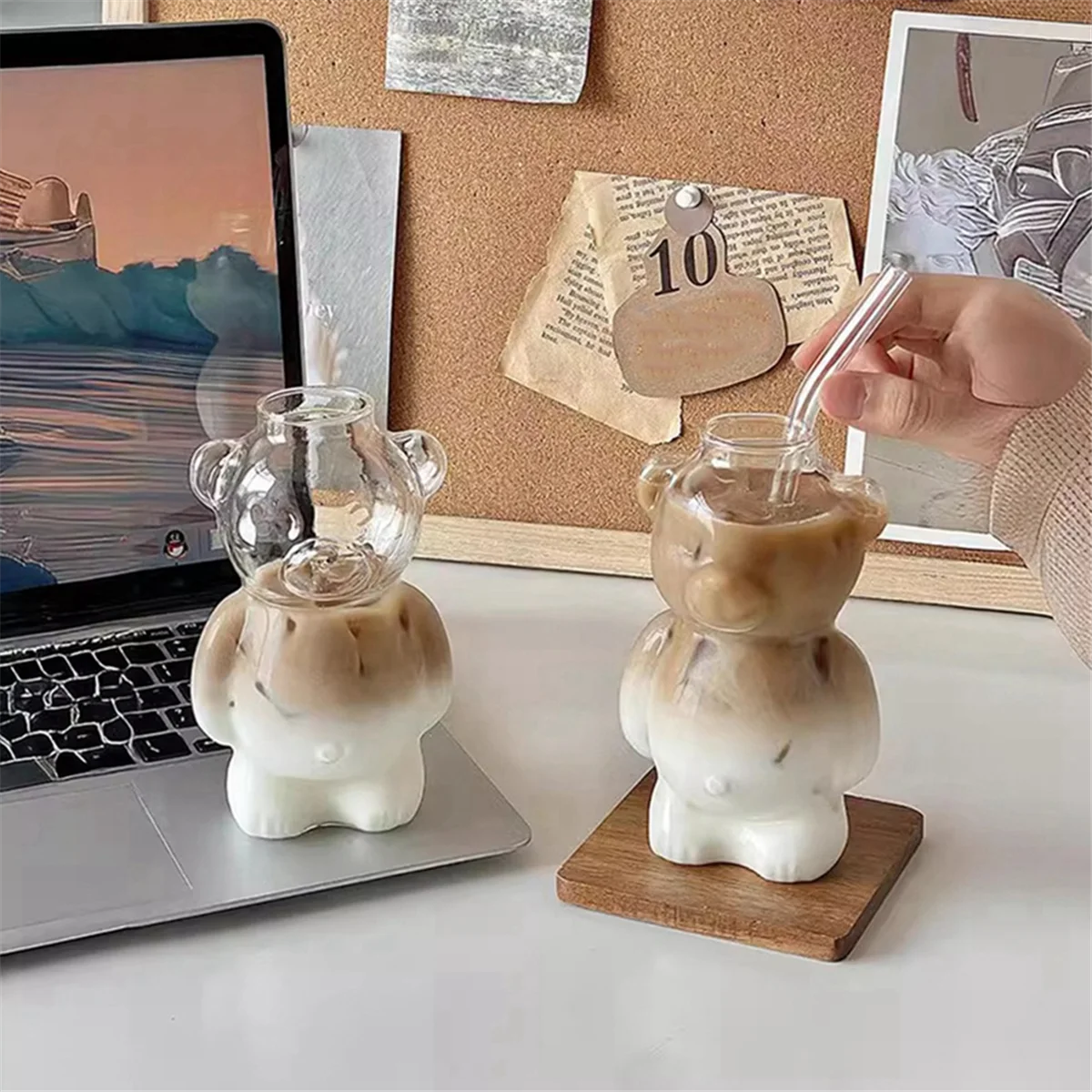 DQ2G 2 قطعة كوب الدب على الانترنت المشاهير مطعم فنجان القهوة لطيف الكرتون كوب ماء زجاجي مع مجموعة عائلة القش