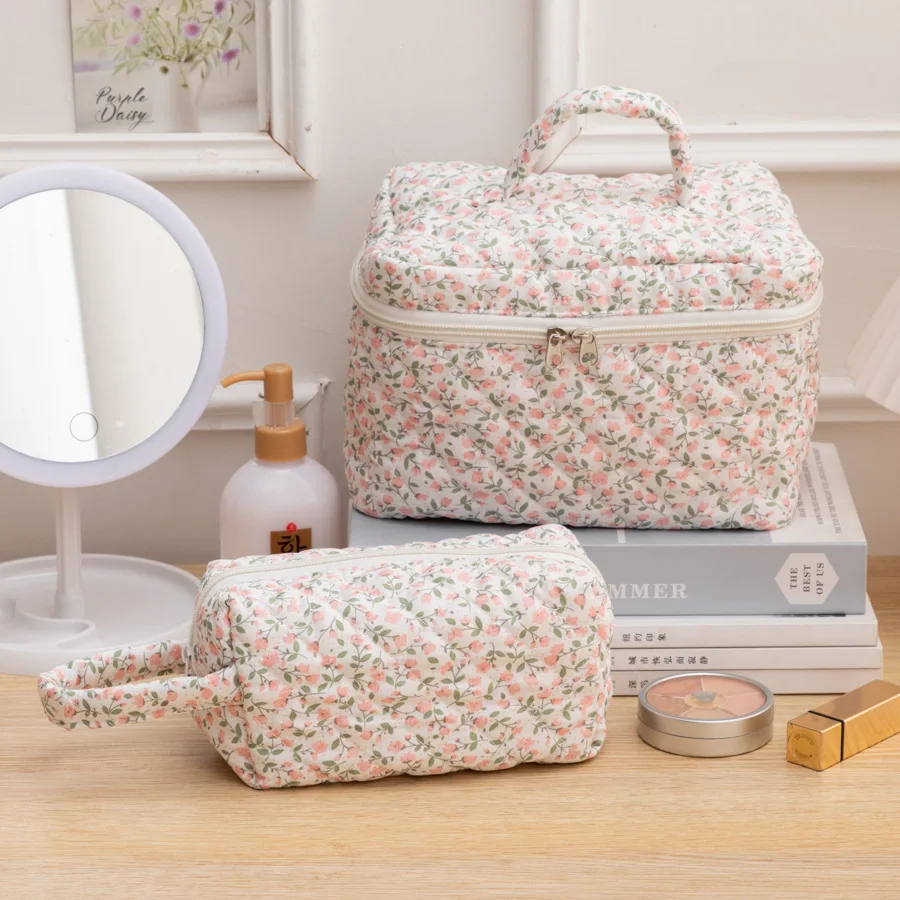 3 Pcs Cotton Quilted Makeup Bag Set,Floral Makeup Bag, Travel Makeup Bag,Large Toiletry Cosmetic Bag Makeup Bag Organizer