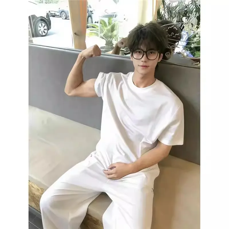 Summer Large Size 300 Pounds Heavyweight Rigorous Pure Cotton Shoulder Length Short Sleeve New Men's White Inner round Neck T...