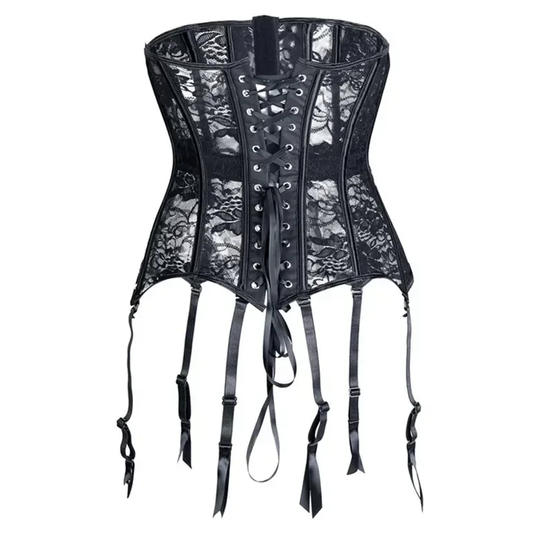 Women Black Bustiers &Corsets Cincher Sexy With Garter Belt Lace Mesh Breathable Underbust Corset Waist Trainer Slim Bustiers