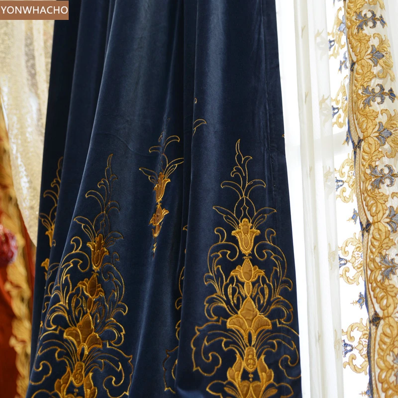 British Vintage Luxury blue embroidered thick cloth blackout curtain drape B674
