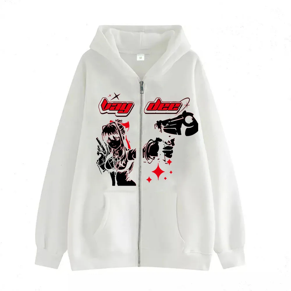 Harajuku Gun Girl Printed Hoodies women Japanese Casual Cardigan Oversize zip up hoodie gothic y2k tops high street sweatshirt