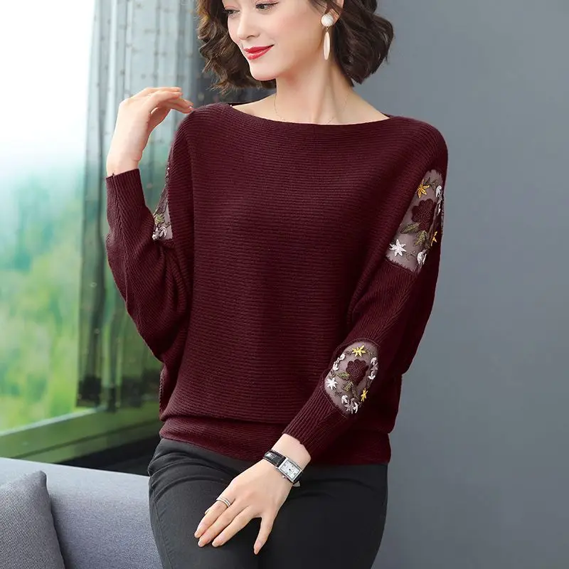Fashion Spliced Hollow Out Embroidery Casual Blouses Women Clothing 2023 Autumn Winter Knitted CommuteTops Batwing Sleeve Shirts