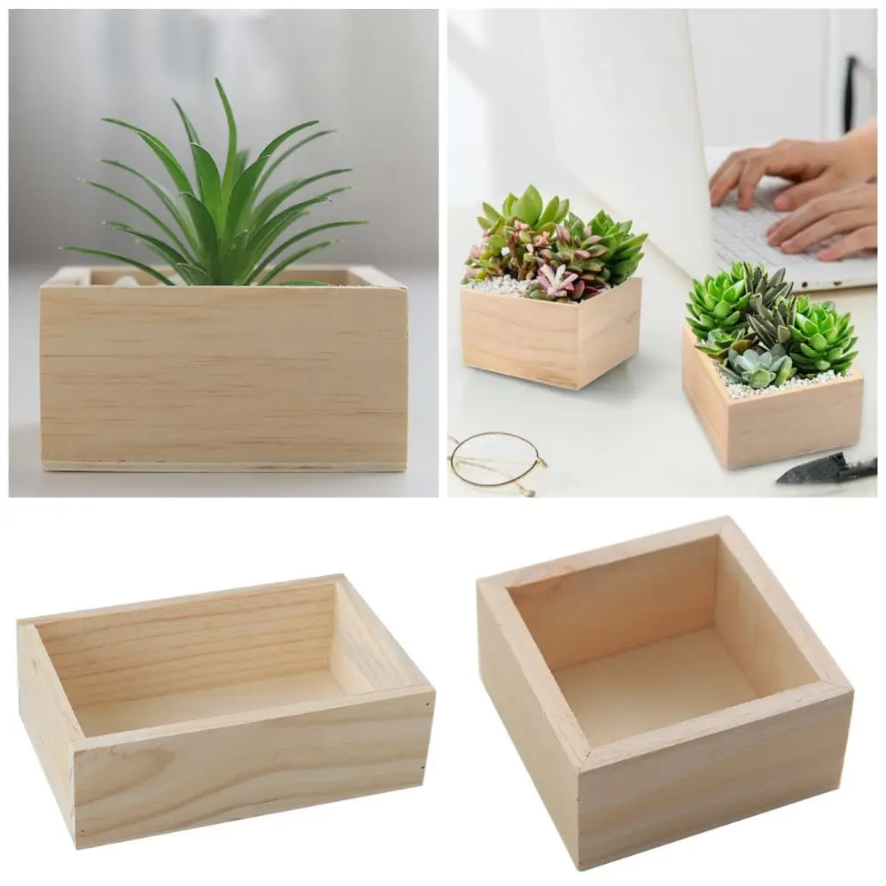 Square Rectangle Succulent Flowerpot Wood Bonsai Holder Wooden Storage Box Plant Pot Stand Yellow Desktop Sundries Organizer