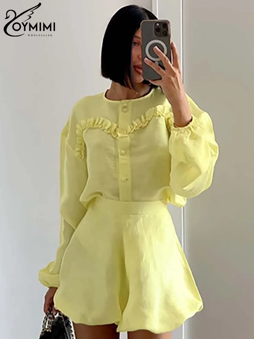 

Oymimi Fashion Yellow 2 Piece Sets Women Outfit Elegant O-Neck Long Sleeve Ruffled Button Shirts And High Waisted Shorts Sets