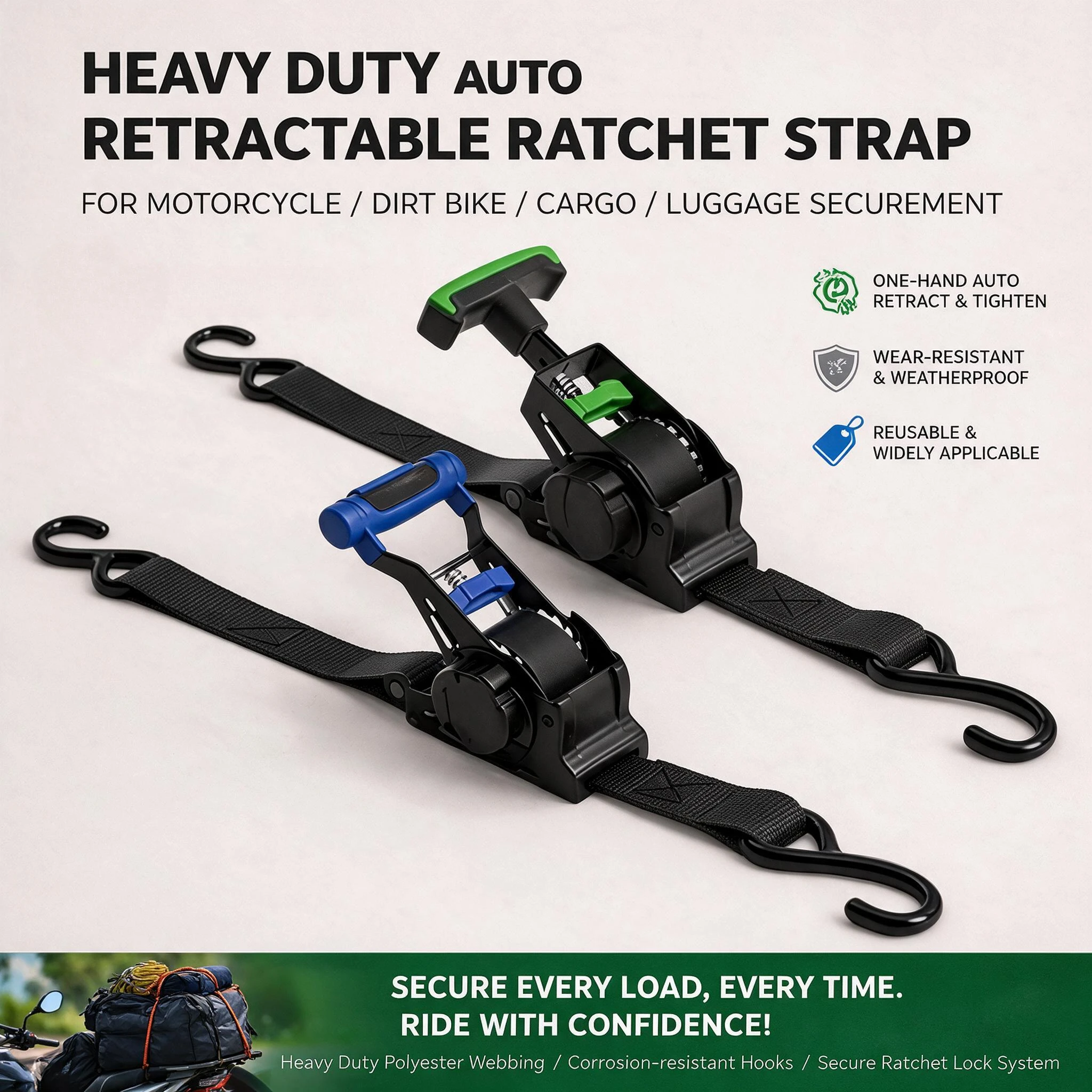 Self-Shrinking Ratchet Tie Down Strap Automatic Retractable Heavy Duty Cargo Luggage Securing for Truck Trailer Motorcycle