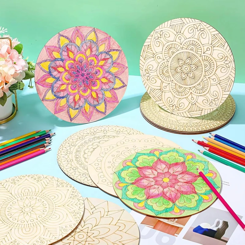 Pintura de Mandala de madera, 10 recortes de madera sin terminar con Kit para hacer manualidades de Mandala para pintar manualidades DIY, decoraciones para el hogar