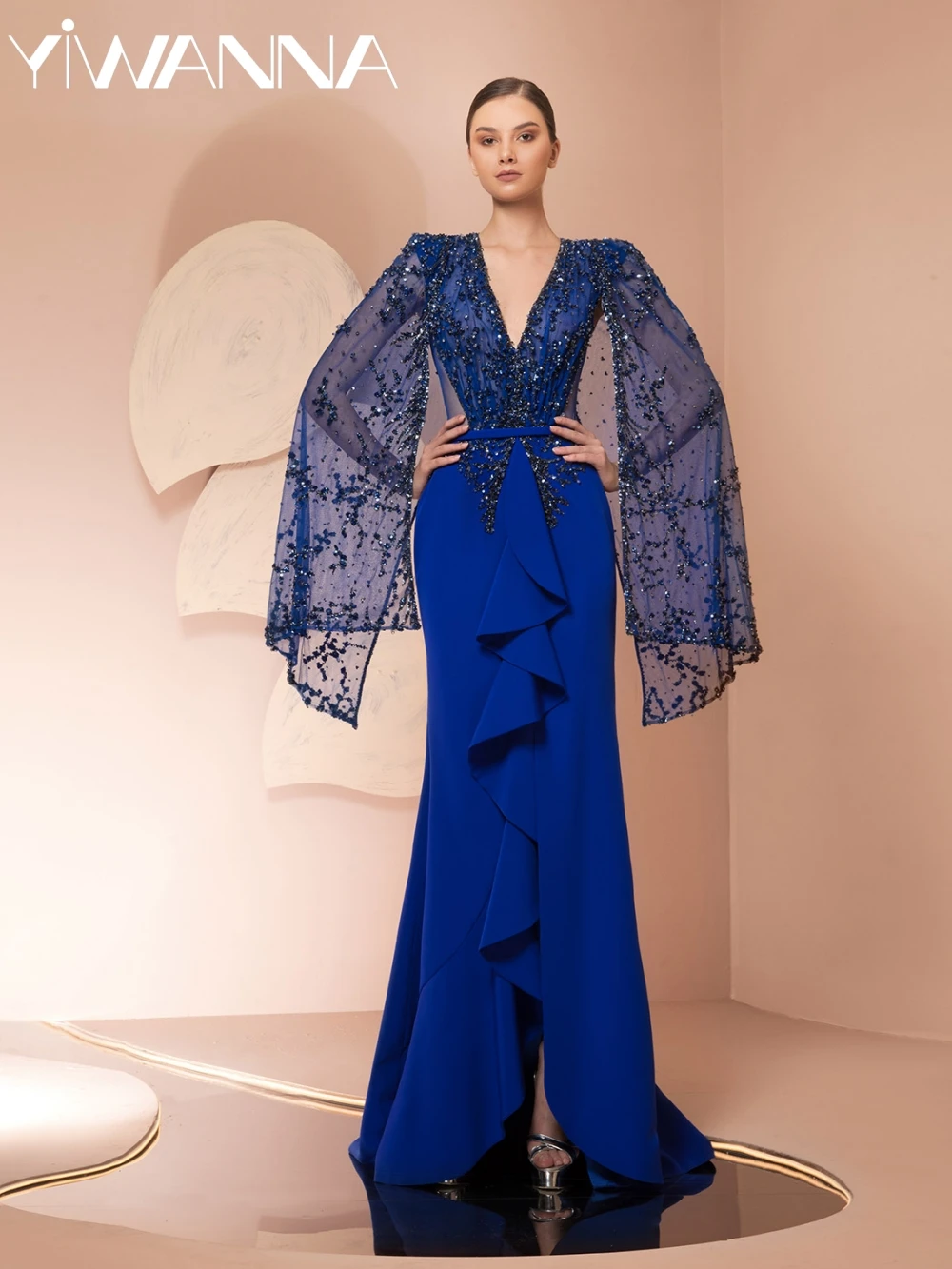 

Роскошное вечернее платье из бисера длиной до пола, с накидкой и рукавами, вечернее платье русалки, новые атласные платья для выпускного вечера с оборками по индивидуальному заказу