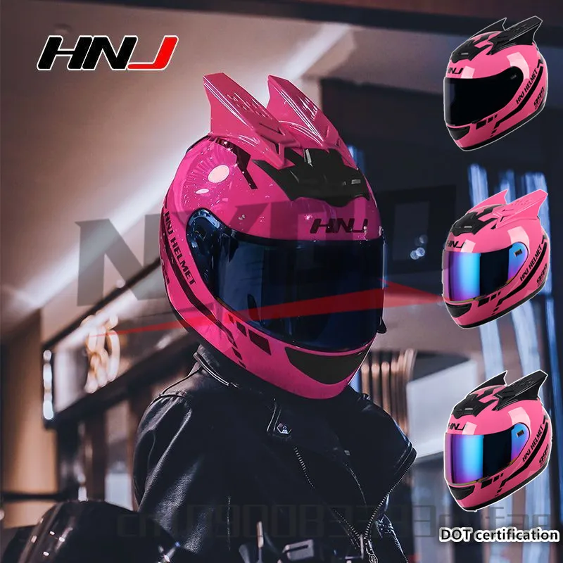 HNJ Motorcycle Helmet for Women and men Riding Personality Horn Pink  Full Face Helmet DOT Certification casco moto