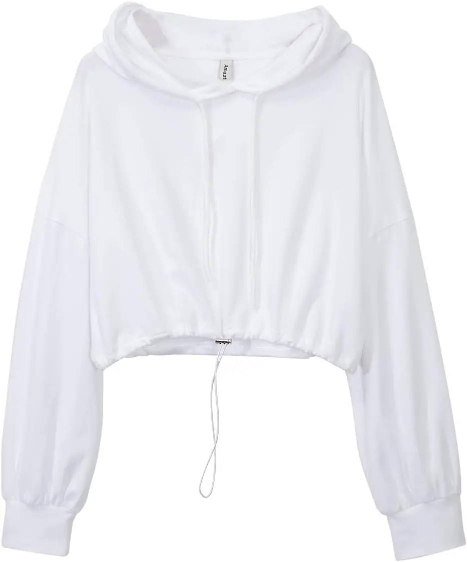 

100% Cotton Casual Loose Pullover Long Sleeve Drawstring Shoulder White Hooded Top for Women
