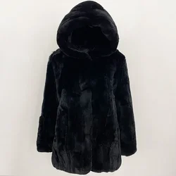 Natural Rabbit Fur Jacket Women 2024 New Winter Real Rabbit Fur Coat Female Warm Hooded Solid Color Black Fur Jacket Women