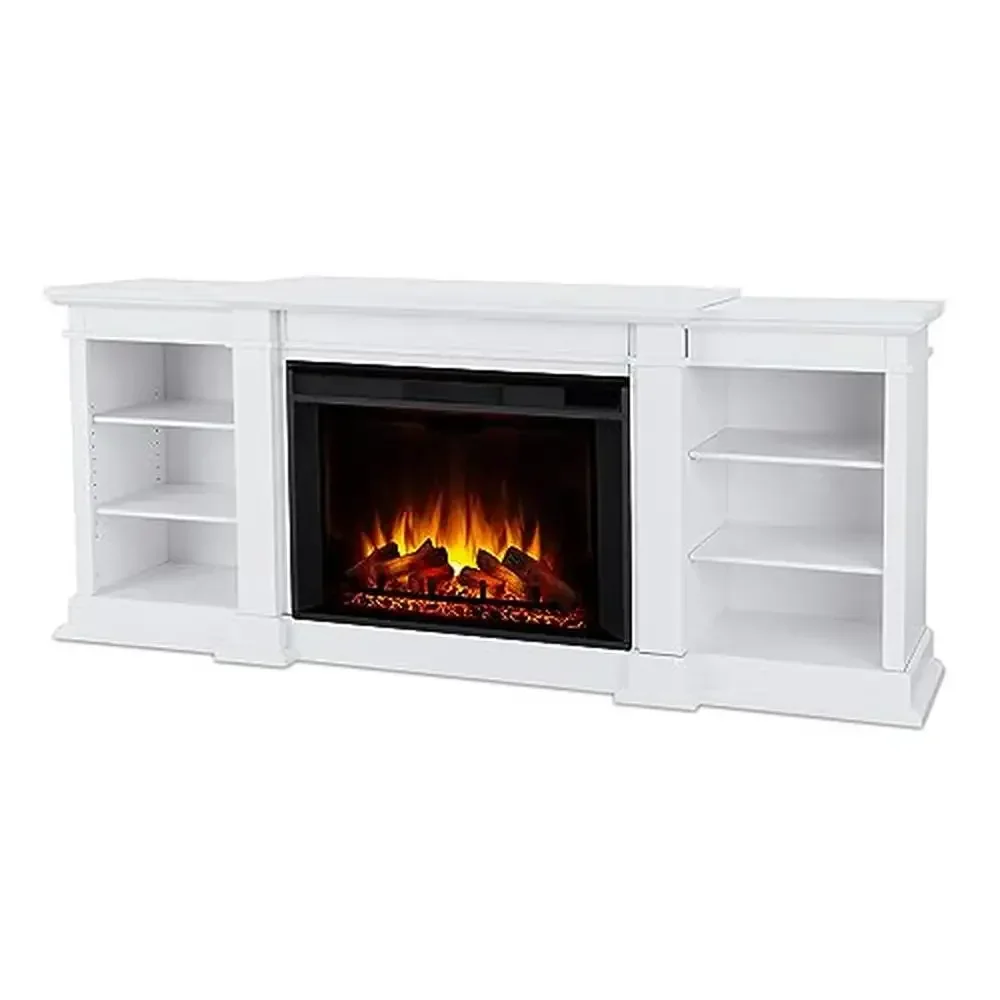 

Large White Electric Fireplace TV Stand w/ Adjustable Shelves Realistic Flames & Heat Remote Control 80" TVs 1000 sq ft Coverage