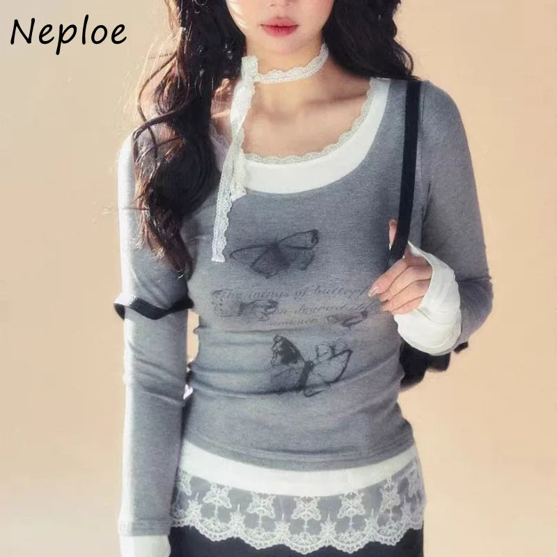 Neploe Fake Two Piece Lace T-shirt for Women Sweet Butterfly Print Gray Tops Mujer 2024 New Slim Fit Long Sleeve Tees