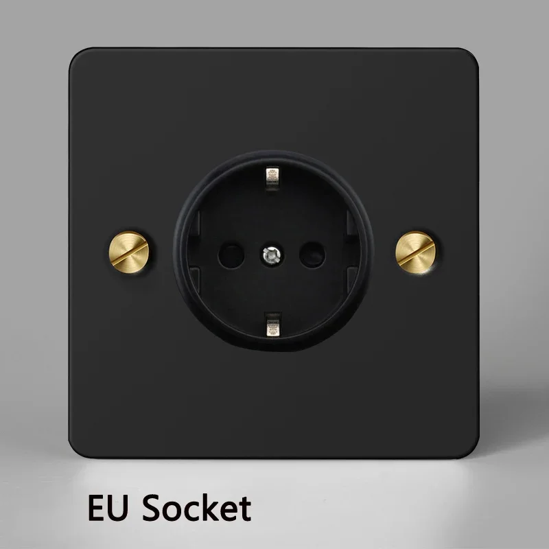 Wall EU Socket Black Stainless Steel Panel Golden Screw 110-250V Electric Plug Toggle Switch