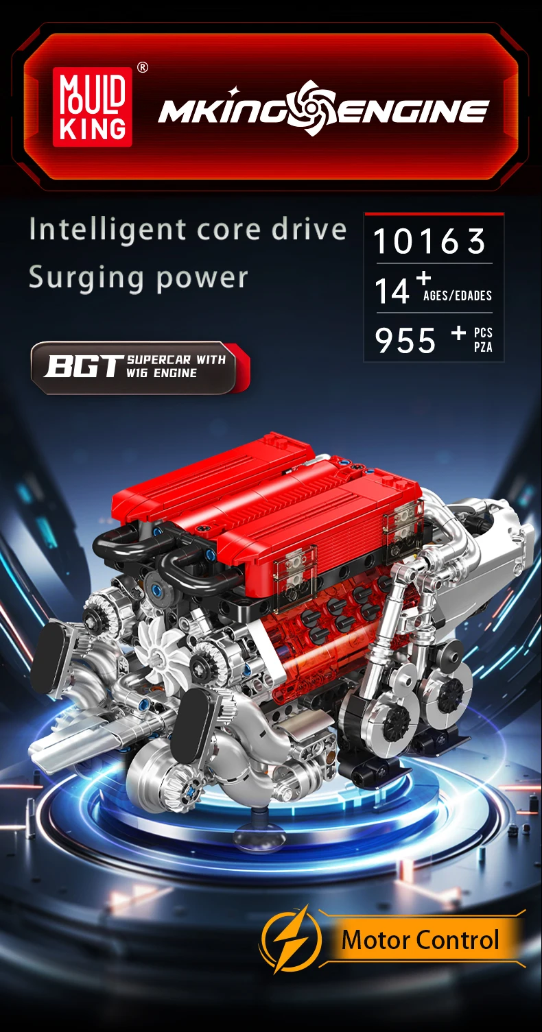 Mould King 10131 Technical Car Part Building Block W16 Engine for BGT Supercar Set Assembly Car Brick Toys Kids Christmas Gift