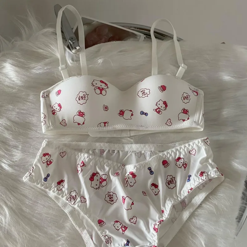 Sanrio Hello Kitty Cute Cartoon Print Underwear Set Sweet Soft Y2k Girlish Style Kawaii Bra Suit Fashion Harajuku Lingerie Panty