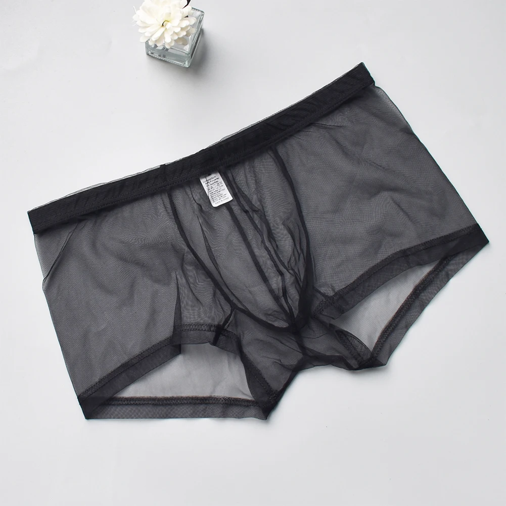 

Breathable Underwear Men Boxer Briefs For Night For Sleep Low Waist Male Nightwear Polyester Sheer Solid Color