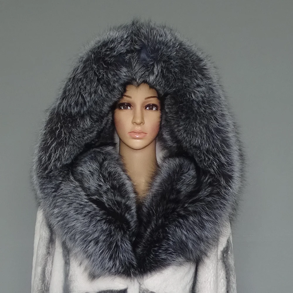 2023 Winter Women Real Fur Coat Chinchilla Rabbit Fur Jacket Large Silver Fox Fur Hooded Thick Warm Streetwear Luxury Outerwear