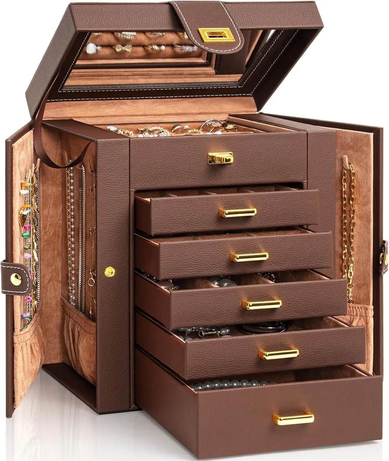 

Leather Jewelry Box Organizer with Mirror, 6-Layer Storage Case for Rings Necklaces Earrings Bracelets