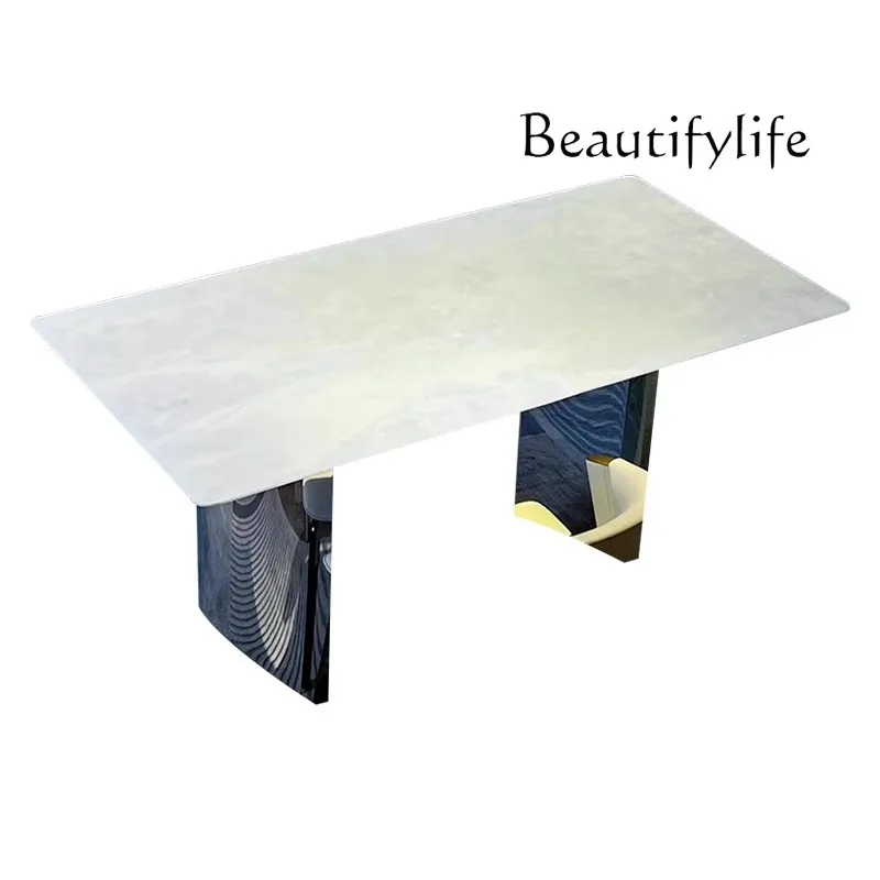 

Natural white crystal marble dining table light luxury high-end simple household rectangular luxury stone dining table