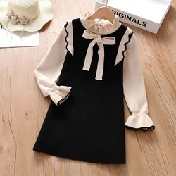 2024 Autumn winter Teenagers Girls Kids bowtie Knit Sweater Dresses Princess clothes new year christmas 4 5 6 7 8 9 10 11 year