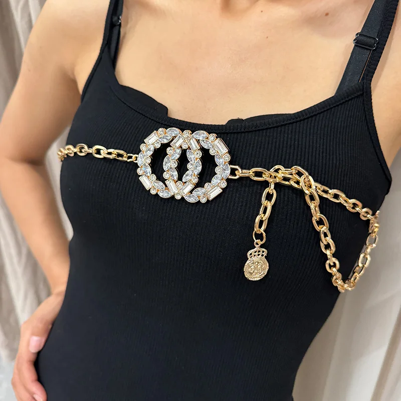 Designer Rhinestone Gold Circle Waist Chain Belt Female High-end Luxury Brands Punk Gothic Y2K Belts For Women Silver Waistband