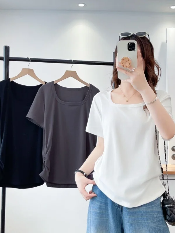 plus Size Square Collar  Color Short Sleeve T-Shirt Pleated Waist Concealing Fashionable Ageless Summer Women's Top