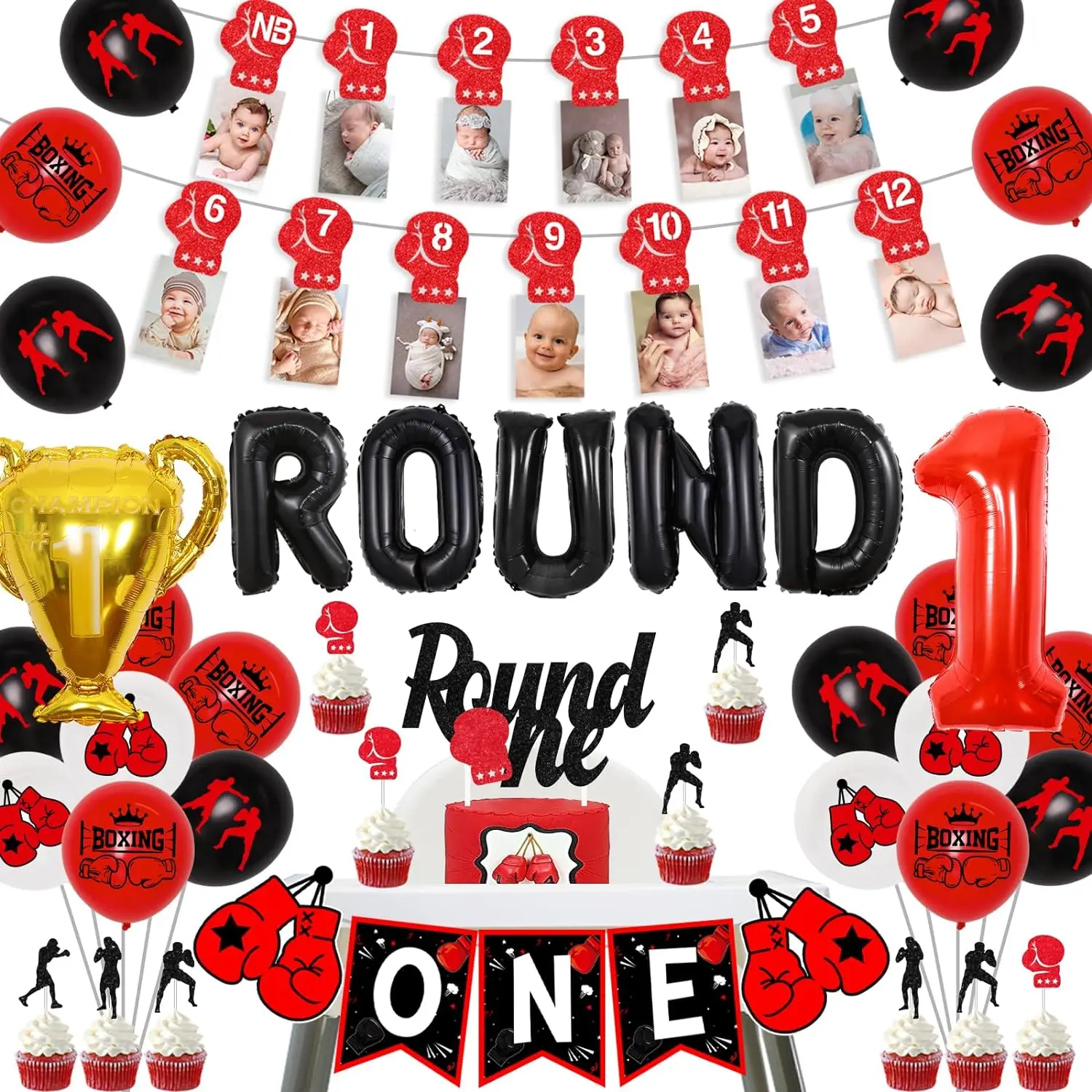 

Boxing Theme 1st Birthday Party Decor Glitter Photo Banner Cake Toppers Trophy Balloons for Round One Boxing Match Sports Party