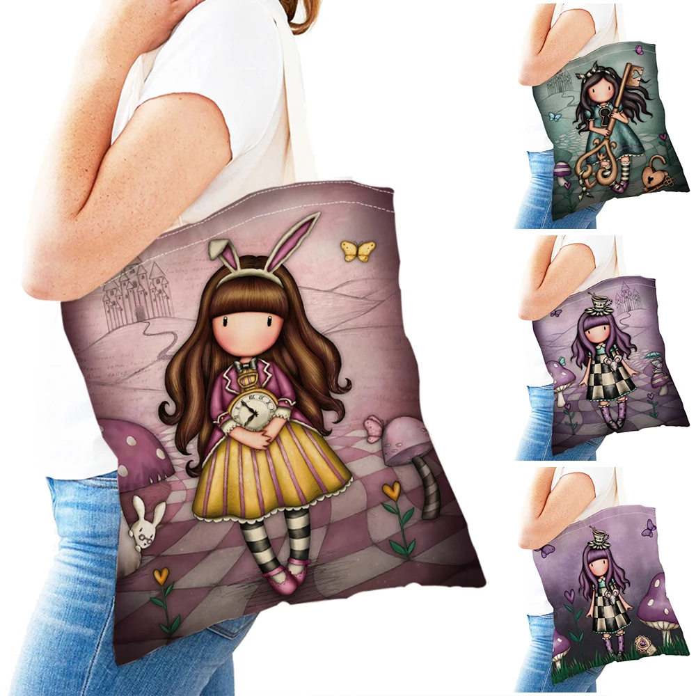 Cute Cartoon Girl Double Print Reusable Eco Canvas Shopper Bag Handbag Tote Casual Fairy Tale World Lovely Child Shopping Bags