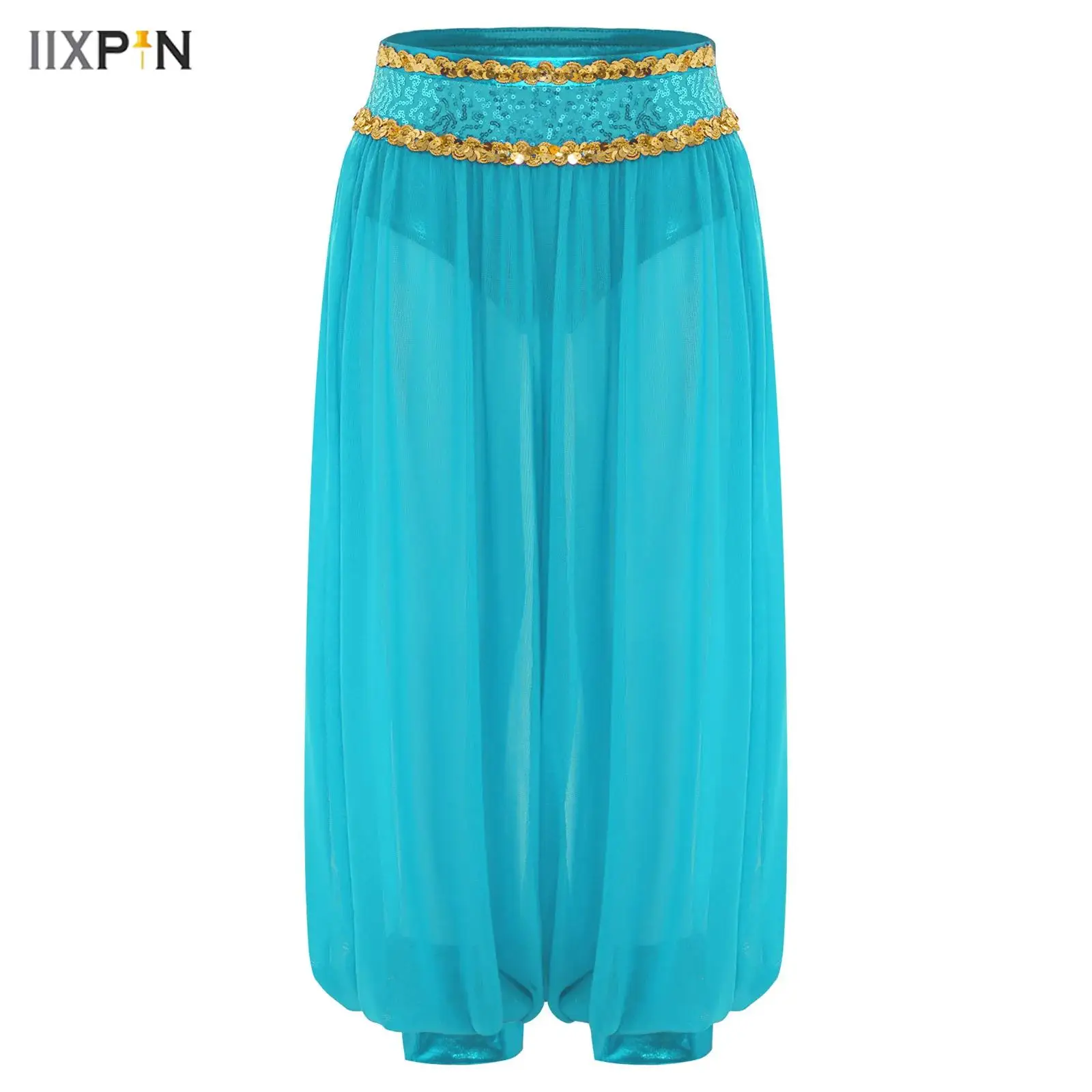 Pantaloni da danza del ventre per ragazze per bambini Paillettes scintillanti Cintura con cerniera laterale Bloomers in rete trasparente Festa a tema Halloween Abbigliamento da ballo indiano