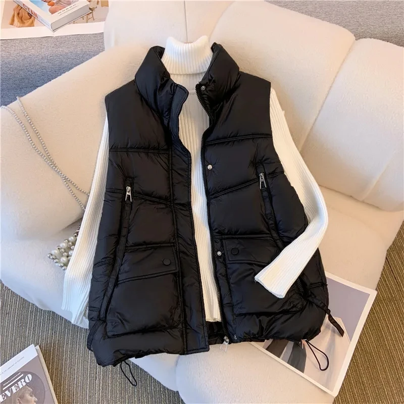 2024 Women Winter Warm Crop Waistcoat Ladies Sleeveless Stand Collar Coats Warm Outerwear Casual Lightweight Puffer Vest Jackets