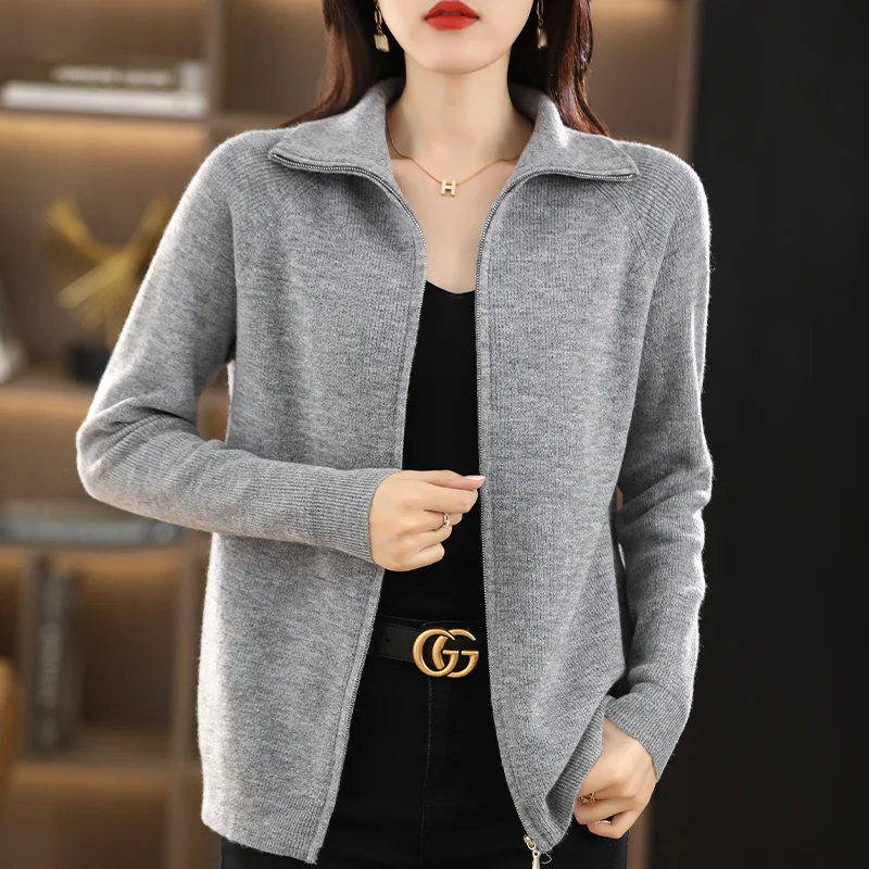 New Autumn And Winter Knitted Cardigan Women\'s Lapel Solid Color Zipper Thickened Loose Short Sweater Coat