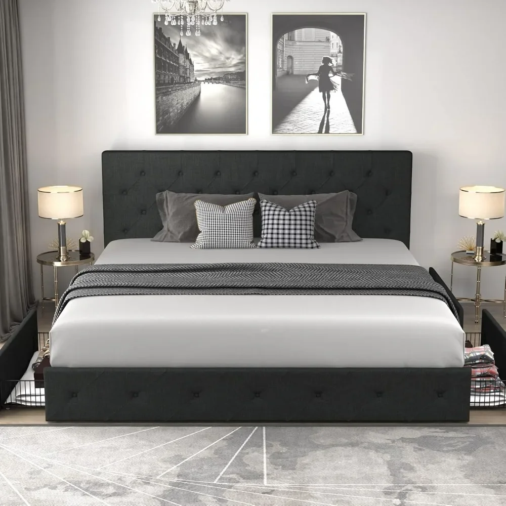 Bed Frame, with Upholstered King Size Platform  4 Storage Drawers and Headboard,No Box Spring Needed, Dark Grey