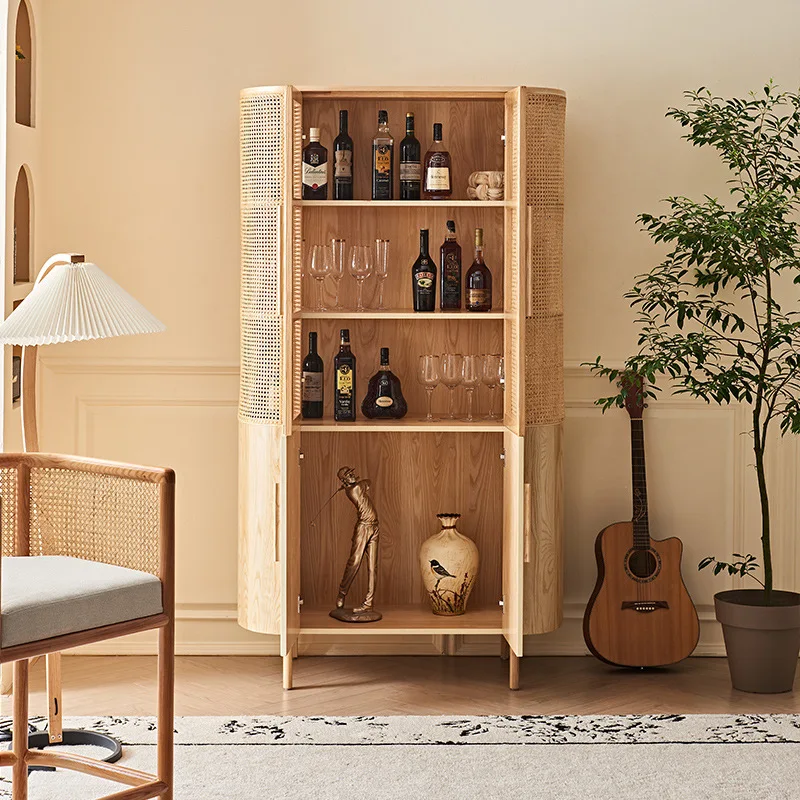 Rattan cabinet door, display wine cabinet, solid wood double door multi-layer partition storage cabinet c