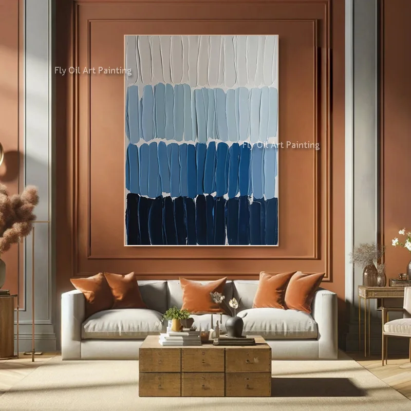 Abstract Design Blue White Simple Canvas Artwork On Canvas Hand Made New Original Design Beige Gray Oil Painting For Home Decor