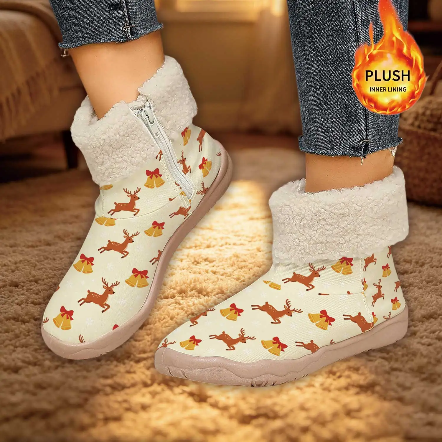 

Cream Base Reindeer & Bell Christmas Side Zip Warm Ankle Boots
