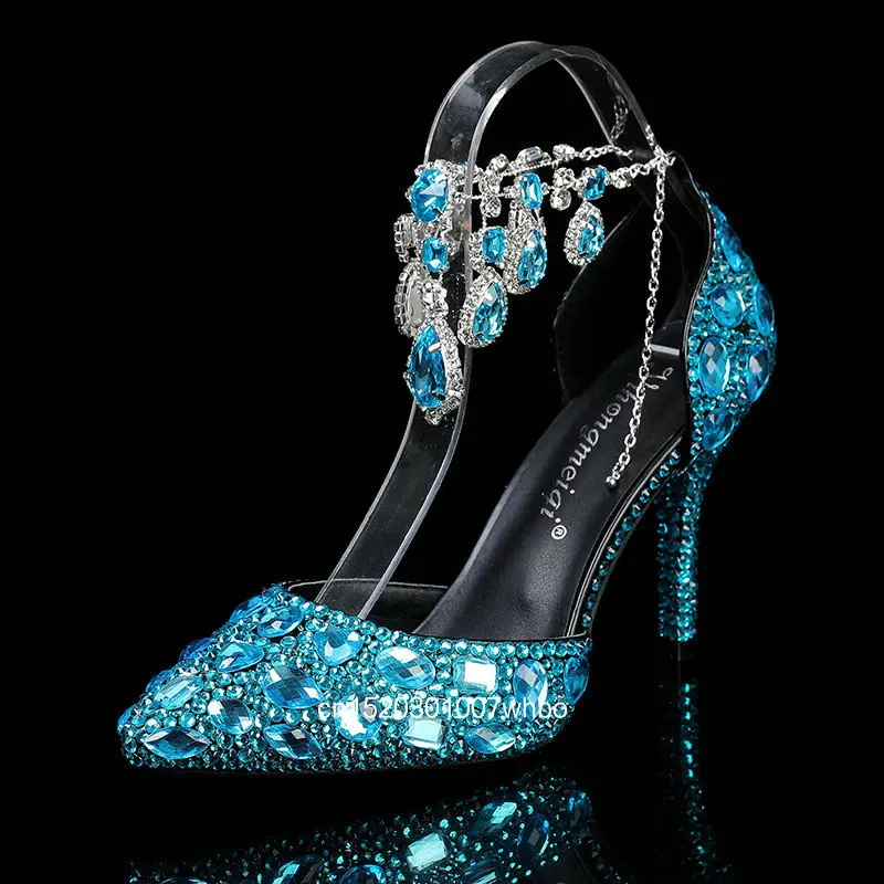 

2025 Spring and Autumn New Women's Shoes Pointed High Heels Crystal Diamond Chain Wedding Shoes Banquet Women's Shoes Single Tub