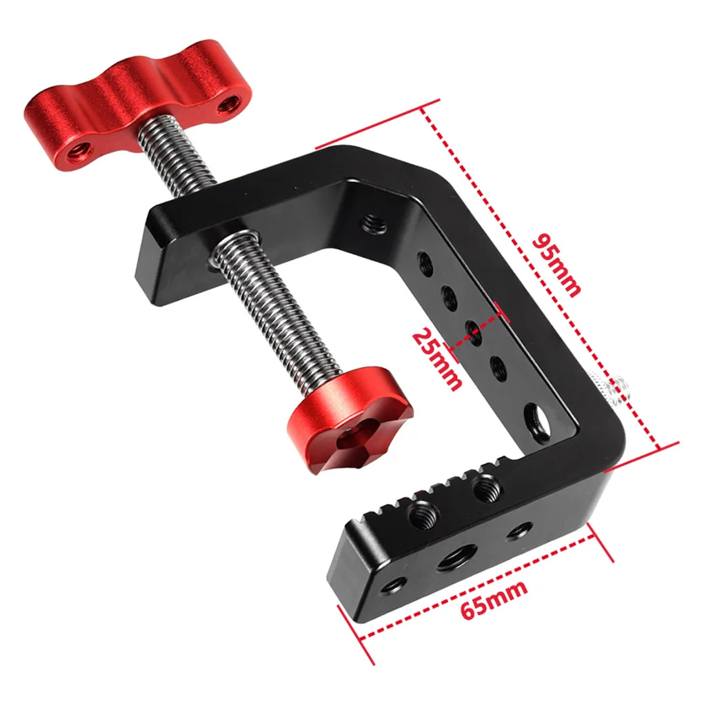 Aluminium C-Klemme mit Cold Shoe und Arri-Positionierloch 1/4" 3/8" Gewinde für DSLR-Kamera, Monitor, LED-Videoleuchte, Schreibtisch-Rig – Detail 1