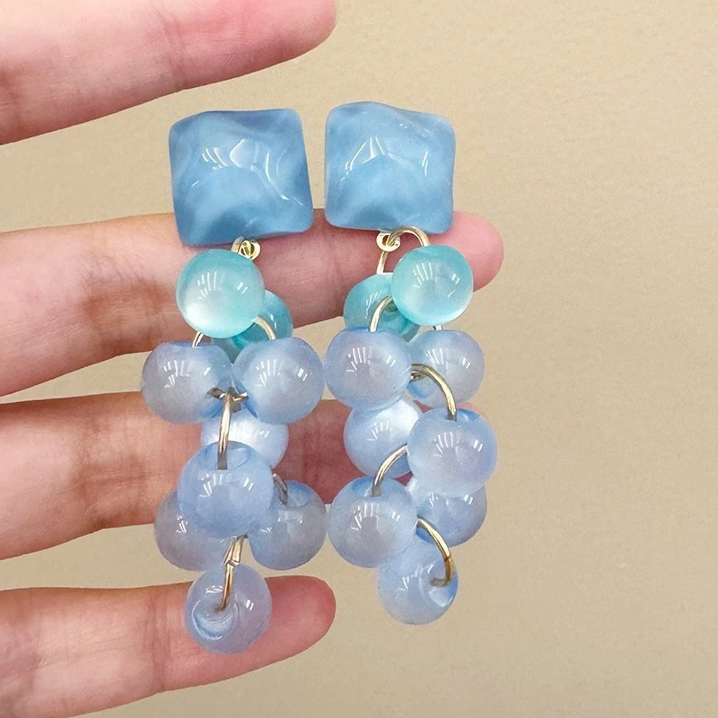Retro Atmosphere Bead Drop Earrings Women's Sweet Girl Style Holiday Mood Color Collision Tassel Dopamine Grape String Earrings