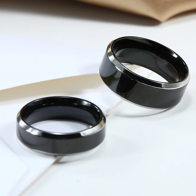 Anéis pretos clássico anel de aço inoxidável noivado casamento bandas para homens feminino casal preto prata cor moda jóias 8/6mm