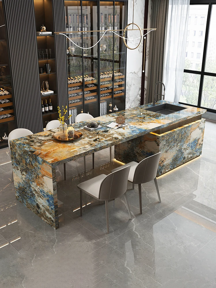 

Qiping Island Table Integrated Light Luxury Household Kitchen Customized Slate Falling Sink Flat Guide Table Premium Bar