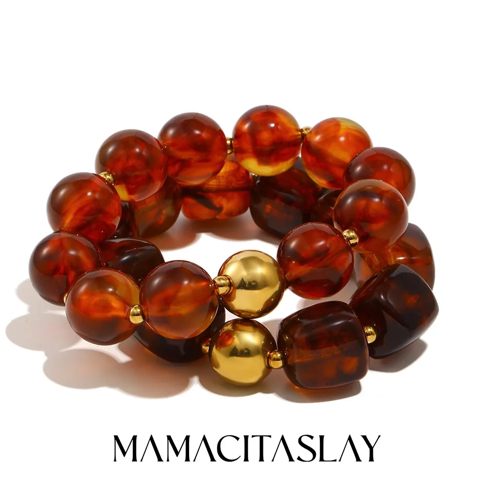 MamacitaSlay 316L Edelstahl Acryl Perlenschnur Hochelastisches Armband 18K vergoldet Wasserdichter Schmuck Damengeschenk