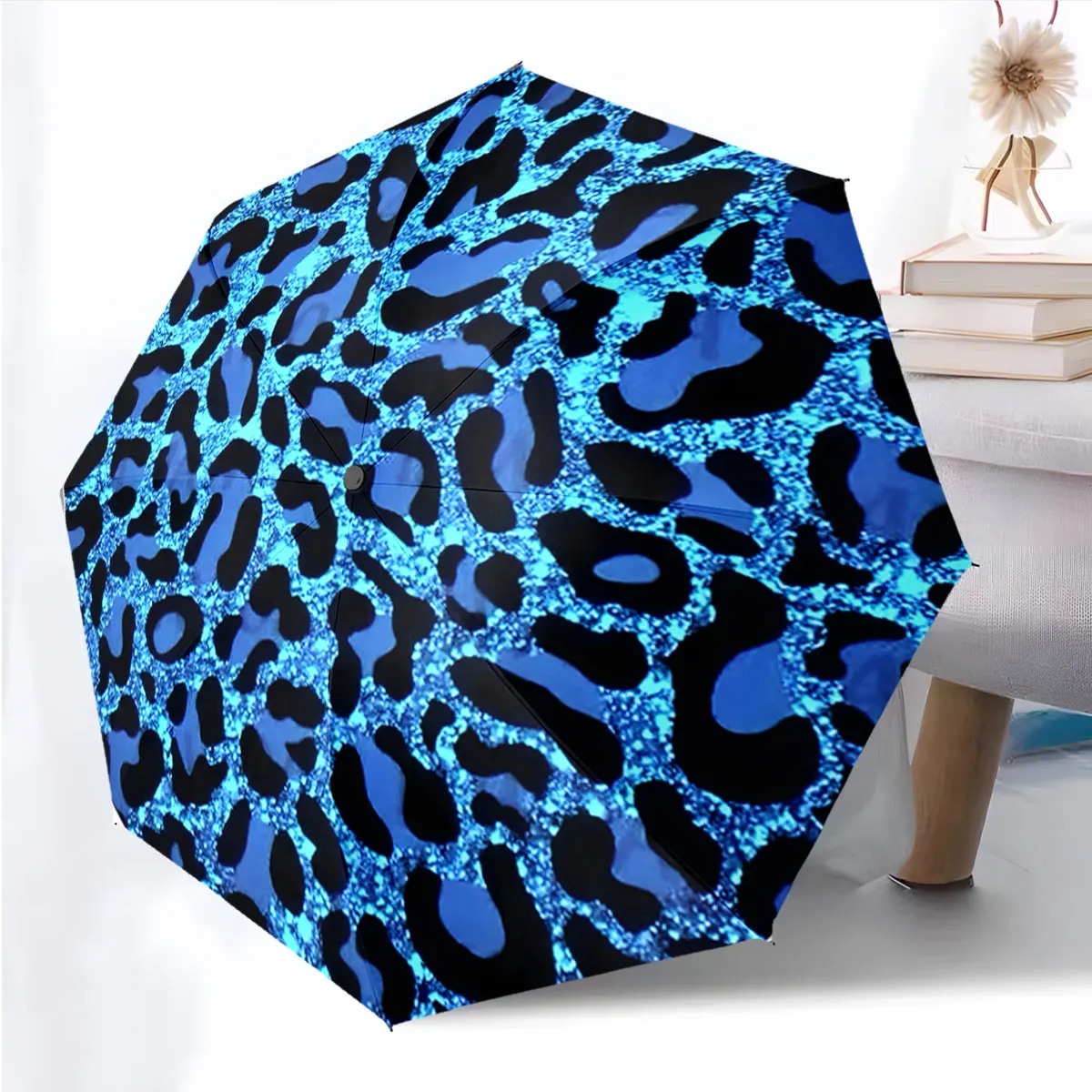 1PC Umbrella with Vibrant Blue Leopard Pattern Print 8 Iron Ribs Folding Umbrella Auto-Open Fashion Sunshade