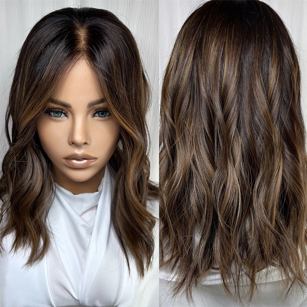 Верхний парик с естественной волной Коричневый смешанный блондин с бликами Парик фронта шнурка Бесклеевой Легко носить высококачественные женские парики из синтетического волокна