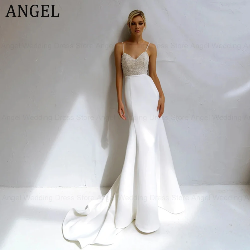 

ANGEL Beaded Pearl Sheath Mermaid Wedding Dresses Spaghetti Straps Sweatheart Satin Bridal Gowns Robe De Mariee Civil For Women