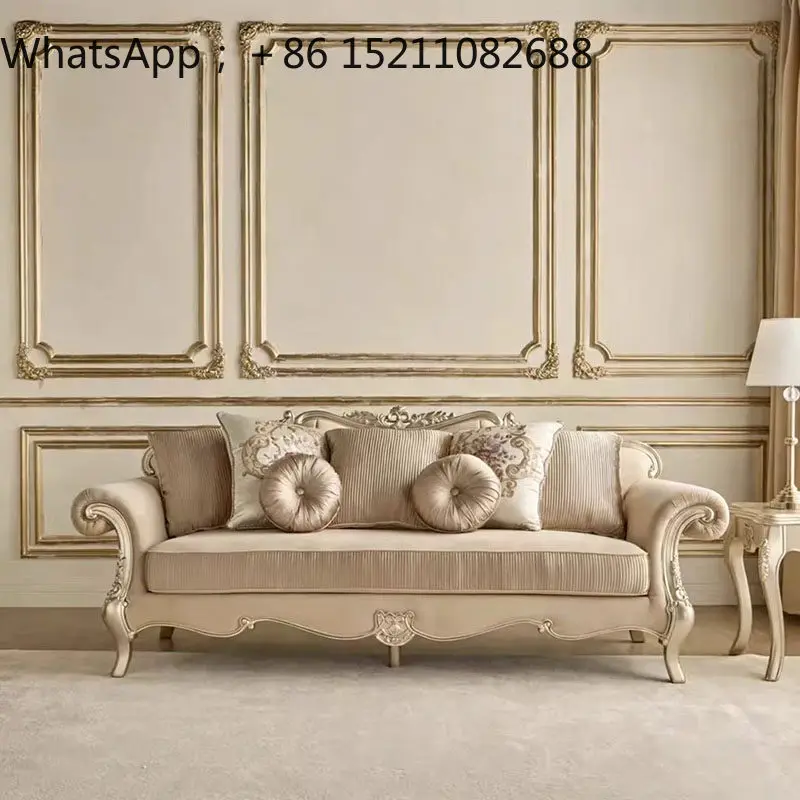 LLY retro solid wood carving flower sofa chair villa living room pull buckle fabric leisure chair sofa coffee table