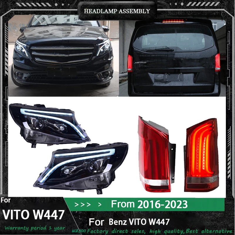 

Автомобильная фара + фонарь для Benz Vito 2016-2024 W447, светодиодная фара, обновленная динамическая лампа с высокой конфигурой, автомобильные аксессуары