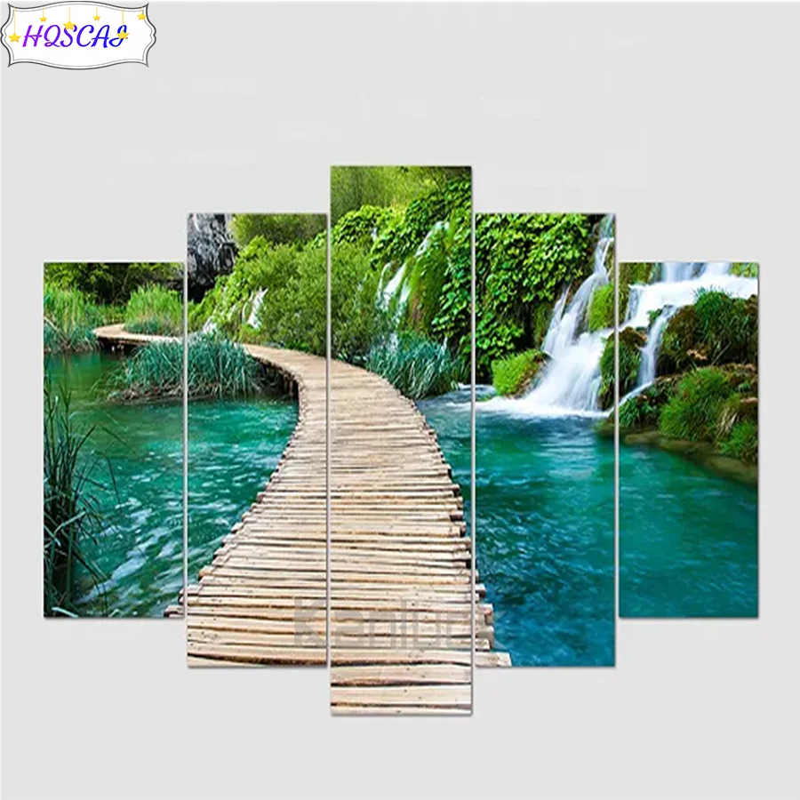 

5pcs 5D DIY Diamond Painting Bridges, waterfalls Cross Stitch Kit Full Drill Embroidery Mosaic wall art Pictures Gift Home Decor