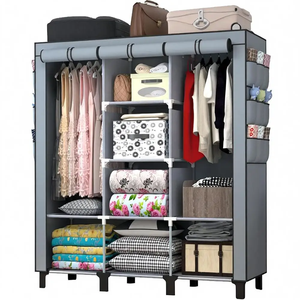 

Portable Wardrobe 10 Racks 2 Hanging Poles 6 Side Pockets Closet Organizer Gray