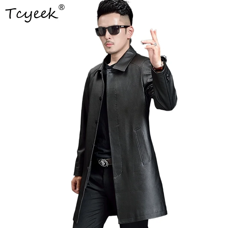 

Tcyeek Верхний слой из коровьей кожи Съемная внутренняя подкладка из белого утиного пуха Модная черная мужская куртка средней длины с лацканами из натуральной кожи 가죽 자켓